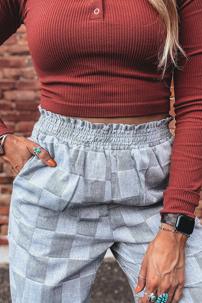 Stylish Women's Sky Blue Loose Denim Pants with Frills, Elastic Waist, and Checkered Design for Comfort and Versatility