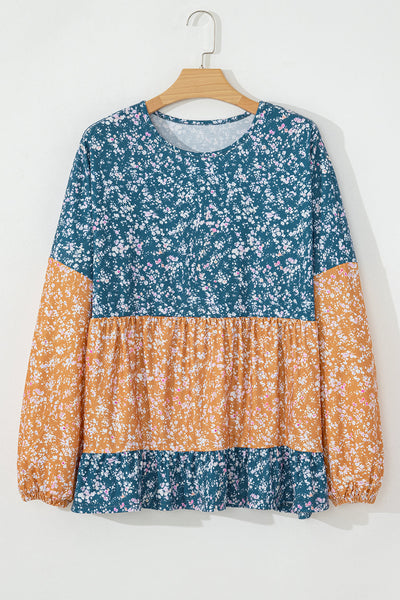 Trendy Women's Orange Floral Color Block Blouse with Ruffled Hem - Stylish Round Neck Top for Any Occasion