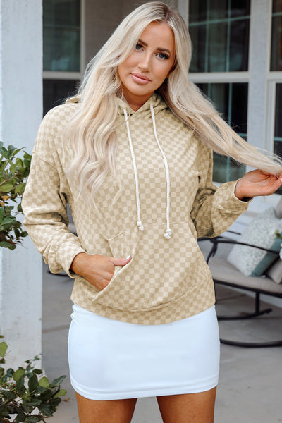 Casual Women's Khaki Checkered Hoodie with Drawstring & Kangaroo Pocket - Perfect Everyday Comfort Wear