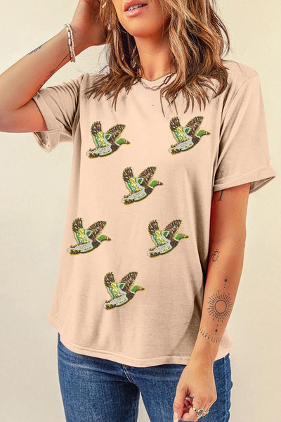 Women's Embellished Mallard Sequin Graphic Tee in Sand Khaki