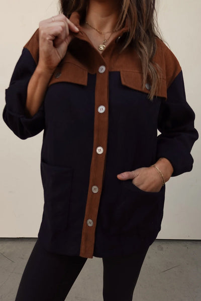 Chic Women's Color Block Corduroy Shacket with Button Flap - Stylish Fall Layering Essential in Vibrant Hues
