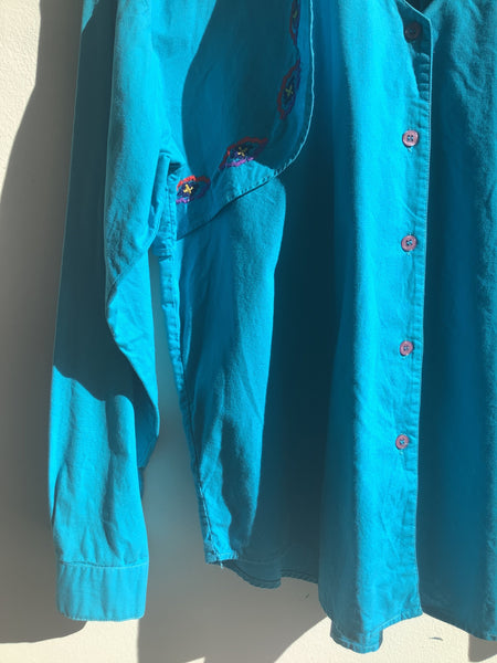 90s Side Saddle Teal Embroidered Western Shirt
