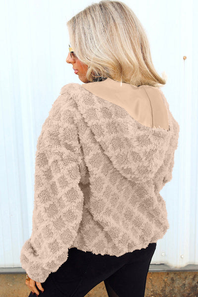 Cozy Women's Beige Sherpa Hooded Jacket with Zip-Up, Side Pockets, and Trendy Rhombus Pattern for Casual Everyday Style