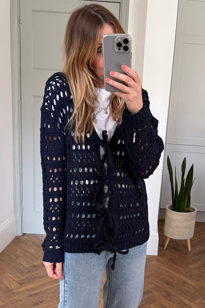 Women's Lightweight Navy Blue Crochet Tie Front Cardigan - Chic Knit Sweater for Casual Spring & Summer Outings