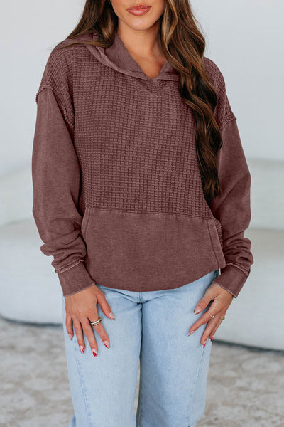 Women's Mineral Wash Hoodie with Contrast Textured Patchwork and Kangaroo Pocket - Stylish Solid Color Pullover