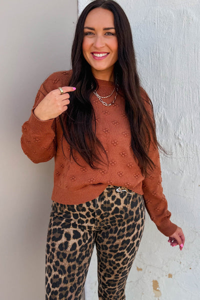 Women's Cozy Clay Flower Knit Sweater - Drop Shoulder, Solid Color, Perfect for Casual Outings and Everyday Wear