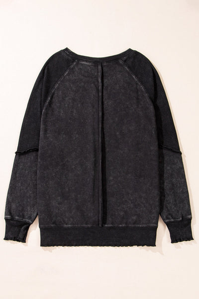 cozy women's black waffle knit raglan sweatshirt - trendy patchwork design for casual outings and everyday wear made for easy styling and wardrobe