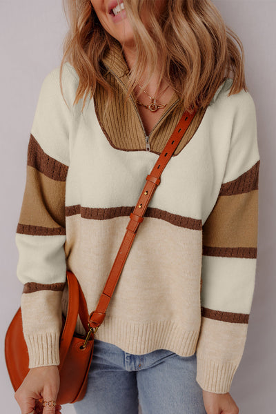 Cozy Women's Colorblock Pullover Sweater in Parchment with Zipped Collar - Perfect for Casual Chic Style