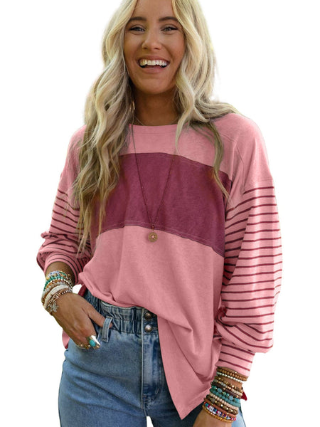 Peach Blossom Striped Bishop Sleeve Patchwork Top with Color Block