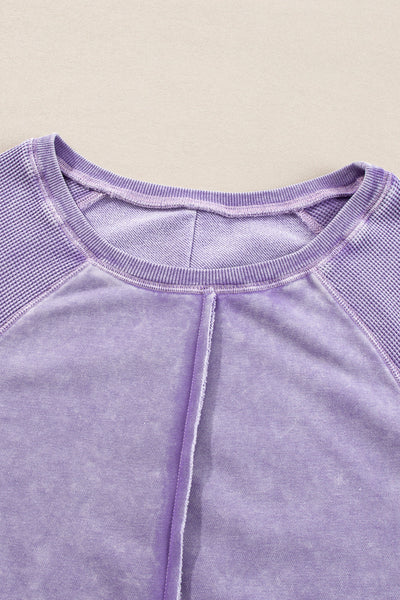 Women's Cozy Orchid Petal Waffle Knit Patchwork Raglan Sweatshirt - Casual Chic Top for Effortless Everyday Style