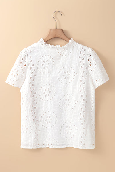 women's white geometric embroidery hollow out blouse - stylish summer top with trendy cut-out design made for easy styling and wardrobe coordination,