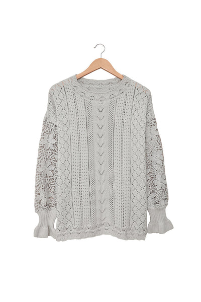 Women's Elegant Gray Crochet Lace Sweater - Cozy Long Sleeve Knit Top for Chic Fall Style and Comfort