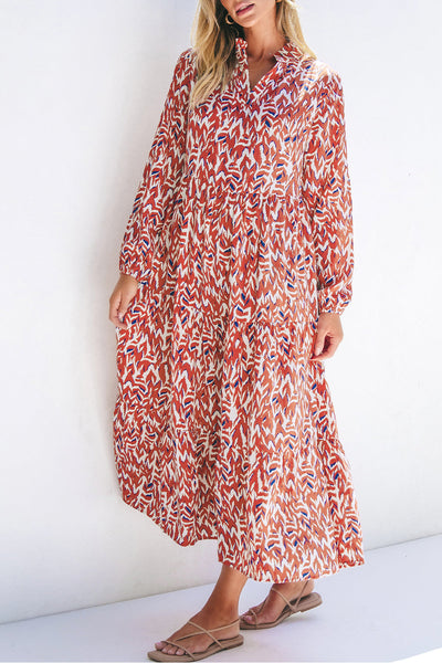 Chic Women's High Waist Midi Dress in Orange Abstract Print with V-Neck - Trendy Summer Style for Effortless Elegance
