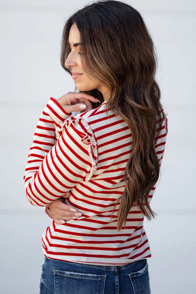 Women's Red Striped Ruffle Sleeve Cotton Blend Blouse