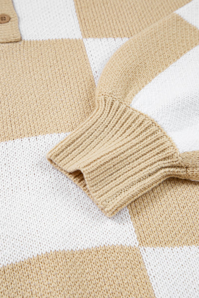 Women's Stylish Light Beige Checkered Polo Sweater - Loose Fit Knit for Effortless Casual Chic Comfort