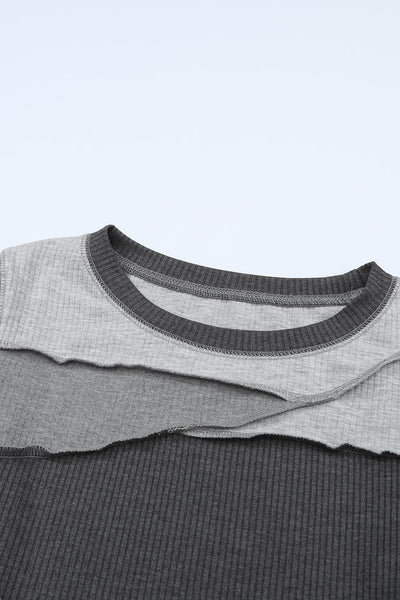 Trendy Women's Gray Color Block Ribbed Knit Top with Exposed Seams for a Comfortable and Chic Everyday Look