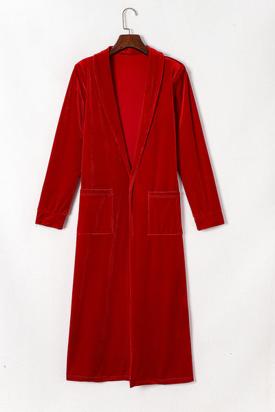Fiery Crimson Velvet Open Front Long Duster with Pockets