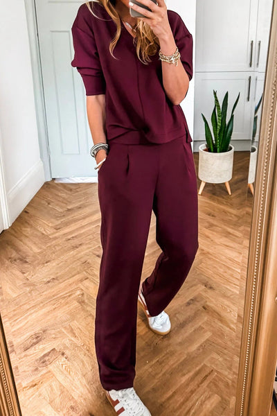 Women's Red Dahlia V-Neck Casual Tee and Pants Set - Chic, Comfortable Outfit for Effortless Everyday Style