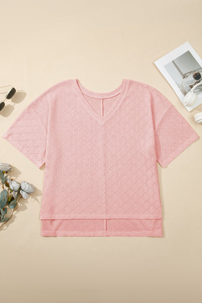 Women's Light Pink Pointelle Plus Size V-Neck Top