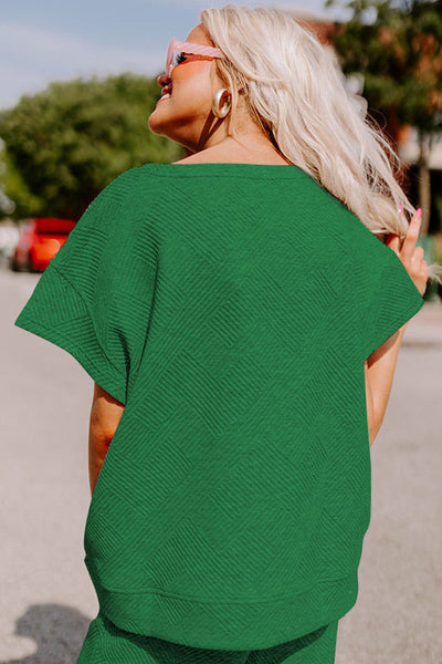 Women's Dark Green Textured Lounge Set - Relaxed Fit T-Shirt & Drawstring Pants for Cozy Everyday Comfort