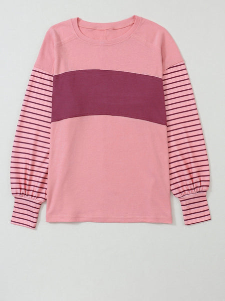 Peach Blossom Striped Bishop Sleeve Patchwork Top with Color Block
