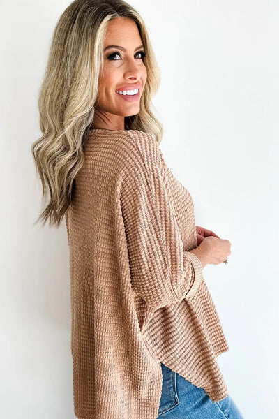 Effortless Casual Women's Light Beige 3/4 Sleeve V-Neck Textured Knit Top in Loose Fit for Everyday Wear