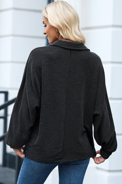 Stylish Women's Black Oversized Ribbed Henley Top with Roll-Up Sleeves and Trendy Twist Detail for Effortless Fashion