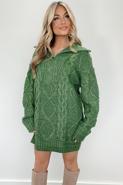 Cozy Mist Green Cable Knit Quarter Zip Sweater Dress for Women - Trendy Loose Fit Mini Dress, Ideal for Fall Style