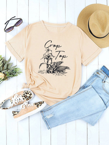 Corn Plant Graphic Khaki Crop Top Tee