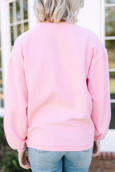 Cozy Women's Oversized Pink Sweatshirt with 3D Ribbed XOXO Heart Embroidery for Casual Style and Comfort