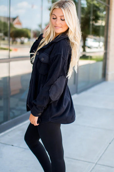 Cozy Chic Women's Black Fleece Shacket with Button Down Closure and Trendy Patchwork Design, Perfect for Fall Fashion