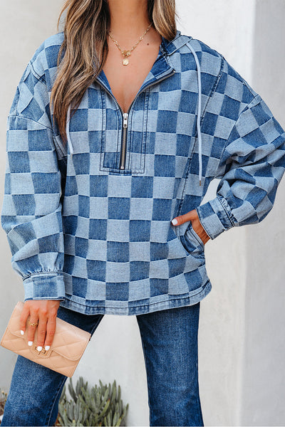 Women's Checkerboard Denim Pullover Hoodie with Quarter-Zip