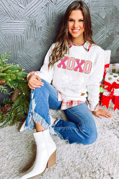 Cozy White Glitter Chenille Cable Knit Pullover Sweatshirt for Women Chic Casual Style for Effortless Outings