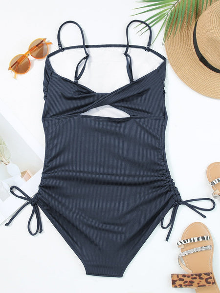 Nautical Blue Ribbed Ruched Drawstring Monokini