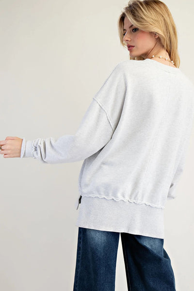 Trendy Women's Light Grey Long Sleeve Top with Color Block & Floral Patch - Casual Chic Fit for Everyday Wear