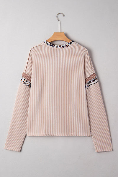 Chic Women‚Äôs Beige Ribbed Leopard Color Block Long Sleeve Top with Drop Shoulder for Trendy Casual Style