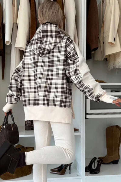 Trendy Women's Beige Plaid Patchwork Sweatshirt with Side Slit - Cozy Casual Fall Fashion Essential