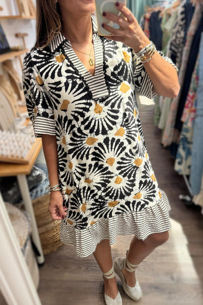 Trendy Women's Black Floral Mini Dress with Striped Collar and Ruffle Hem - Perfect for Summer Outings and Parties