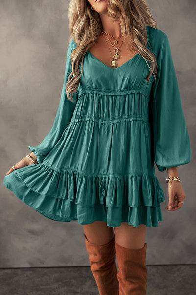 Women's Mist Green Puff Sleeve Mini Dress - Tiered Ruffled Design, Loose Fit, Ideal for Summer Outings and Casual Events