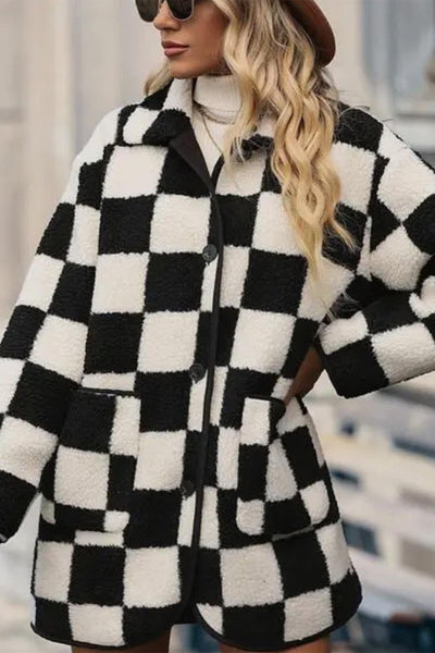Cozy Women's Black Checkered Fleece Jacket with Side Pockets and Collared Button-Up Design for Effortless Style