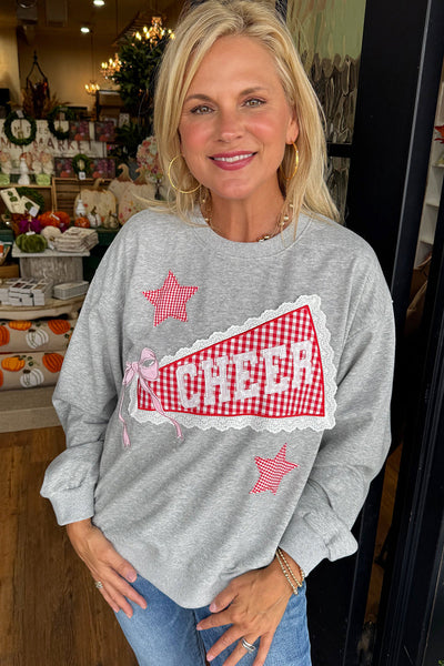 Light Grey Lace Plaid CHEER Graphic Sweatshirt for Women - Cozy and Trendy Casual Wear, Perfect for Everyday Style