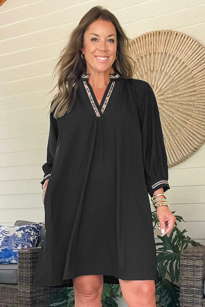 chic black mini dress with contrast trim, v-neck and bracelet sleeves perfect for women‚äôs casual or evening wear with practical styling and