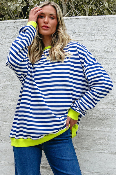 Women's Breton Stripe Cotton Sweatshirt with Neon Trim