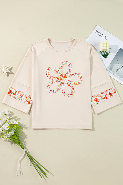 Women‚Äôs Beige Floral Graphic Blouse with Exposed Seams and Wide Sleeves - Perfect for Casual Chic Style