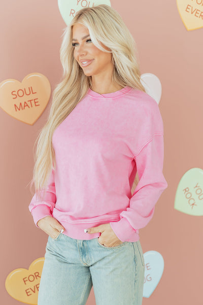 Women's Pink Mineral Wash Cotton Blend Pullover Sweatshirt