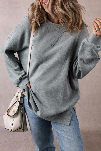 Women's Oversized Medium Grey Sweatshirt with Side Split and Drop Shoulders for Effortless Comfort and Trendy Style