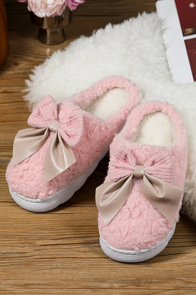 Cozy Pink Plush Winter Slippers for Women with Contrast Bowknot Applique - Stylish and Comfortable Indoor Footwear