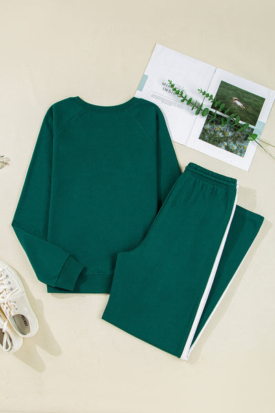 Women's Sea Green Pullover and Varsity Stripe Drawstring Pants Set - Comfy Casual Loungewear for Relaxed Style
