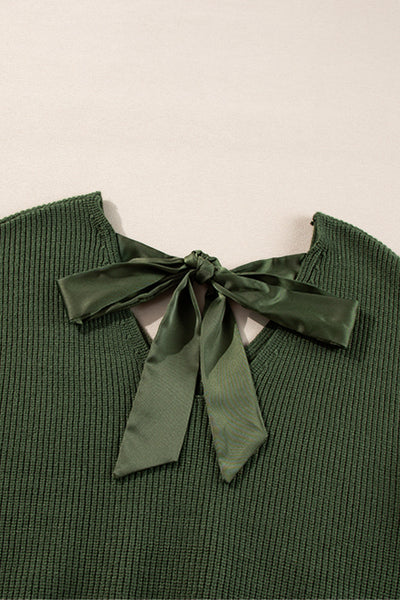 Women's Cozy Jungle Green V-Neck Sweater with Lantern Sleeves and Knot Back Detail - Perfect for Any Occasion