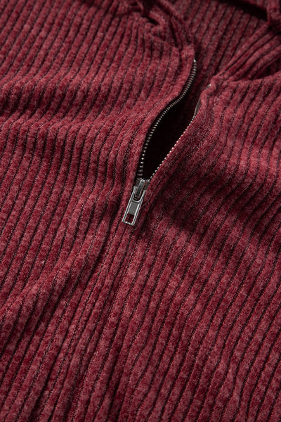 Women's Red Dahlia Ribbed Zip-Up Hoodie with Drawstring - Stylish and Comfortable Casual Wear for Everyday Fashion